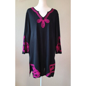 Ming Wang Women Jersey Knit Tunic SZ Large Embroidered Blue Pink Career Designer